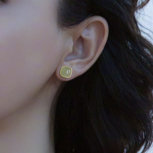 QPQK Hotan jade earrings 2025 new temperament and high-end golden jade earrings women's ice raw stone small earrings square Hetian jade earrings exquisite gift box