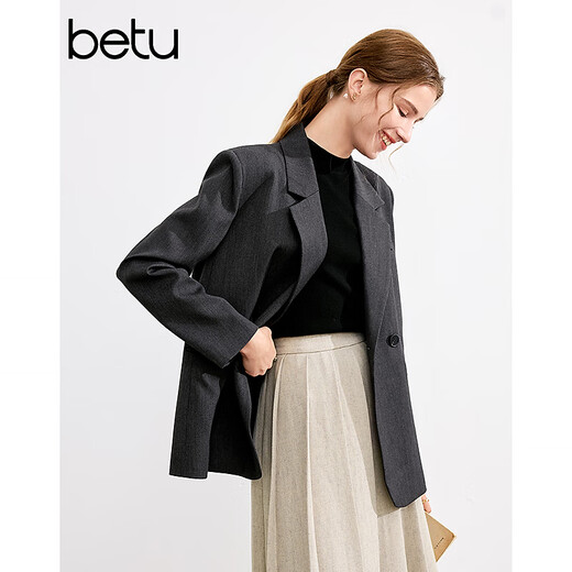 Betu women's autumn new suit lapel fashionable versatile silhouette suit jacket 2408T59 charcoal gray S