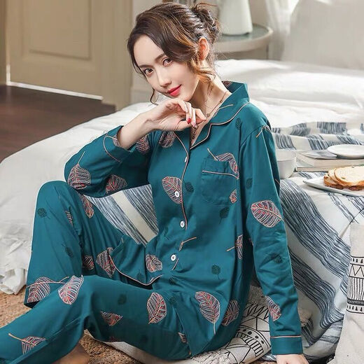 
Pure cotton pajamas women's long-sleeved spring and autumn suit summer cardigan large size middle-aged home clothing 842 XL suitable for 120-140Jin [Jin equals 0.5 kg]