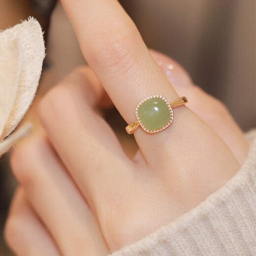 GRAMDA925 Silver Small Sugar Cube Hetian Jade Ring Women's Open Jade Ring Jewelry Birthday Gift for Girlfriend and Wife Small Sugar Cube Hetian Jade Silver Ring (Certificate)