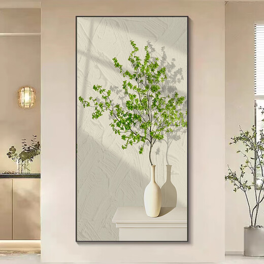 鲸派北欧玄关装饰画绿植走廊过道挂画奶油风客厅入户门竖版壁画晶瓷画 844-7 80*160金框/晶瓷画