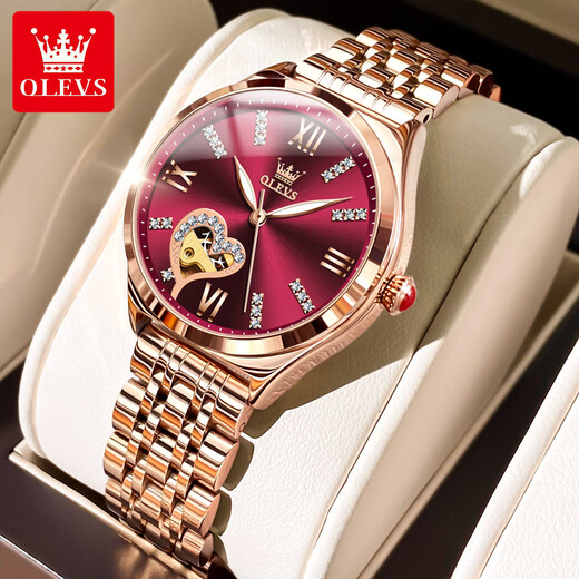 
OLEVS Swiss certified brand watch women's simple temperament women's watch hollow fully automatic mechanical watch light luxury women's watch OLEVS-6636-Red steel red face