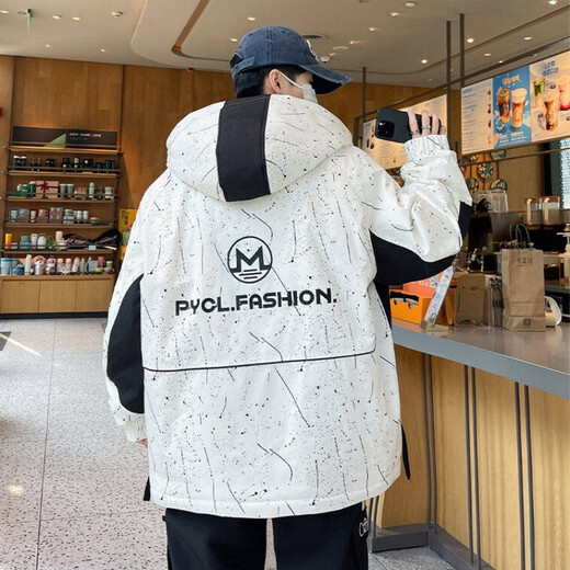 BILUOGEDE Autumn jacket worn by boys aged 12-25 years old, autumn winter, teenager student plus velvet men's workwear hooded jacket trend 826 models milky white plus velvet L (100-120Jin [Jin equals 0.5 kg])