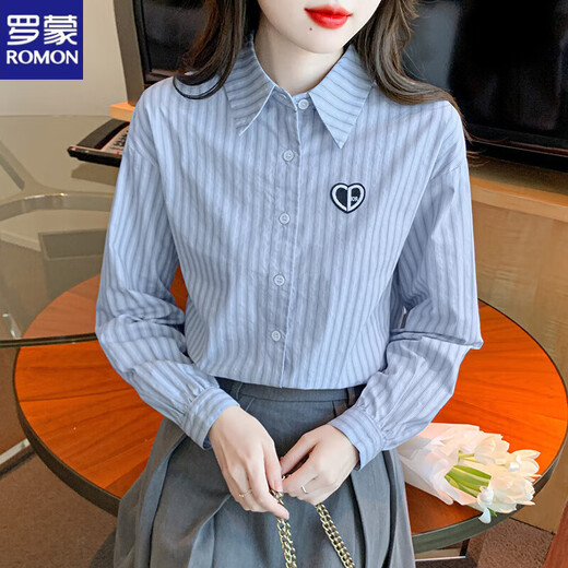 ROMON camisa de manga larga reductora de edad de moda para mujer otoño 2024 nueva camisa profesional bordada a rayas color de imagen superior versátil XL (recomendado 110-120 Jin Jin equivale a 0,5 kg)