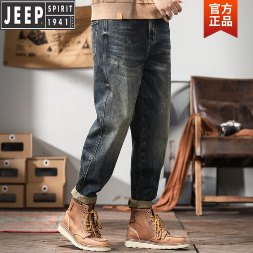 JEEP SPIRIT宽松牛仔裤男秋冬季大码弹力小直筒美式潮流休闲复古哈伦长裤子男 蓝色 复古蓝款6802 常规 42 220-240斤