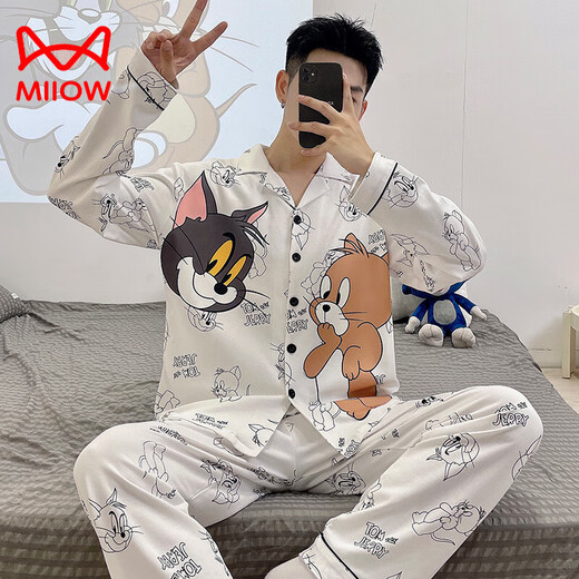 Cat Man (MiiOW) Pure Cotton Men's Pajamas Spring and Autumn Teenagers Cartoon Student Cardigan Large Size Men's Long Sleeve Trousers Home Clothing 9901 (Long Sleeve Cardigan) L