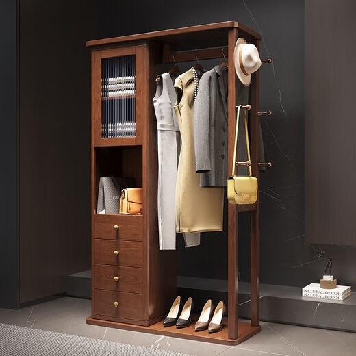 续巧旋转穿衣镜挂衣架一体落地卧室实木家用置物架收纳衣帽架带全身镜 胡桃色-100cm 送货入户包安装