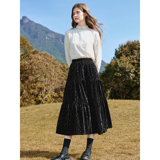 Betu women's winter new skirt elastic waist love velvet embossed skirt women 2411D05 black M