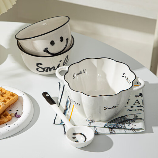 Persson double-ear ceramic bowl with spoon set soup bowl noodle bowl high-looking breakfast bowl smiling face 6-inch double-ear bowl + twisting spoon