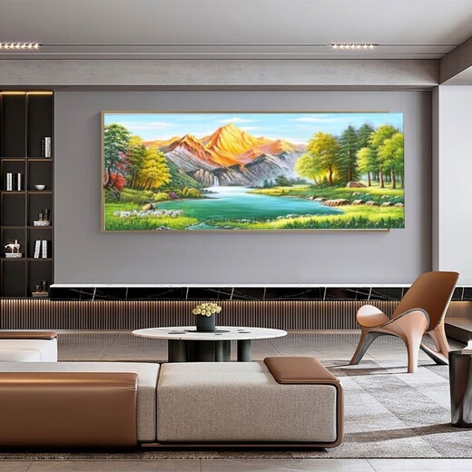 霜魄青山绿水沙发背景墙壁书房办公室挂画背靠金山客厅装饰画盆中式墙 12596日出青山 1cm*1厘米 120*50金色铝框+晶瓷镶钻