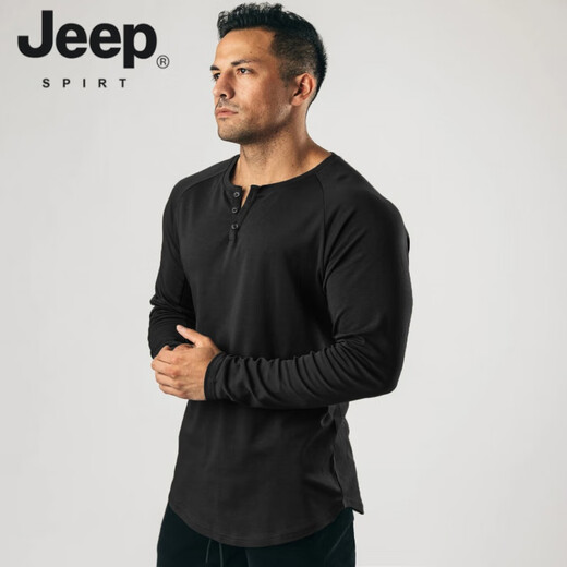 JEEP SPIRIT Retro Heavy Henley Long Sleeve T-Shirt Solid Color Sports Fitness Bottoming Shirt Men's Pure Cotton Stretch Thin V-Neck Cardigan Black L