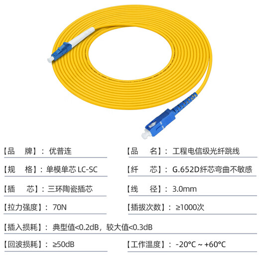 优普连 电信级光纤跳线单模单芯SC转SC/FC/LC/ST室内软光纤线 光纤延长线 方转圆光缆尾纤线 电信级单模单芯LC-SC 1米