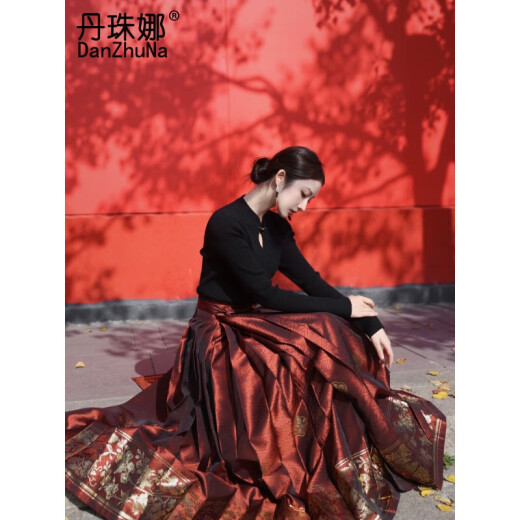 丹珠娜（DanZhuNa）马面裙全套装秋季新中式连衣裙日常可穿上班汉服改良版长裙套装女 2679黑色上衣+红色马面裙 S