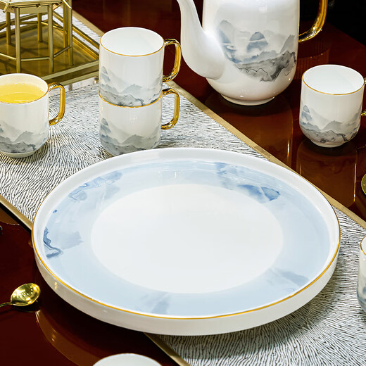 Han Ming new Chinese style tea set complete set for housewarming gift Jingdezhen water cup teapot living room household high-end ceramic cup set high-end bone china tea set 8-piece gift box