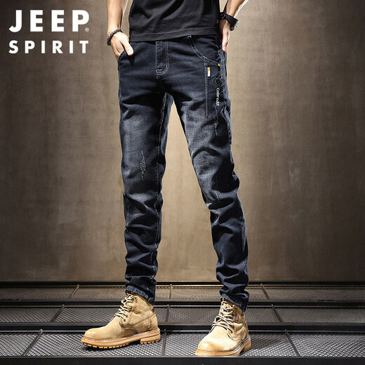 JEEP SPIRIT Jeep jeans men's autumn and winter elastic slim casual pants new retro resurgence pants black 33