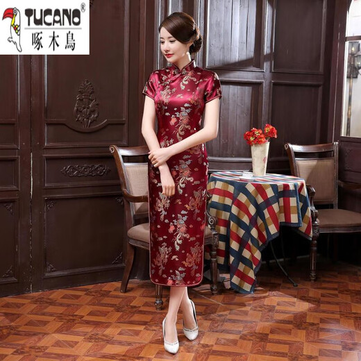 Woodpecker (TUCANO) retro cheongsam for women 2025 summer new short-sleeved women's belly-covering long Chinese style cheongsam skirt plum blossom short-sleeved long flag gold 3XL (reference weight 130-140Jin Jin is equal to 0.5 kg)