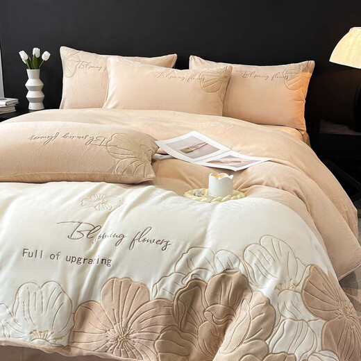 Mercury series home textiles high-end A-class milk velvet embroidered bed four-piece set winter thickened baby velvet cover bed linen bedding 4 winter thickened milk velvet-Qilly-Fanxinglan 2.0-meter bed sheet four-piece set-quilt cover 220x240