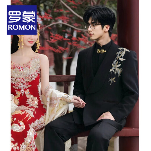 ROMON New Chinese Style Gold Collar Suit Men's Engagement Wedding Groom Embroidered Tang Suit Chinese Style Host Banquet Suit Men's New Chinese Style Jacket + Pants XL (Recommended 155-170 Jin Jin equals 0.5 kg)
