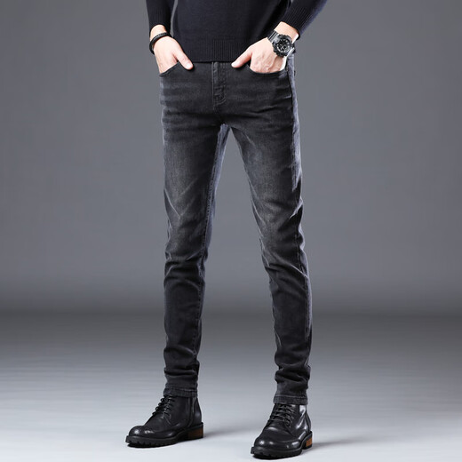 Romon Black Jeans Spring y Autumn Slim Feet Small Pequeños Pantalones casuales de hombres Largos Pantalones delgados de verano 1048-Negro Regular 29
