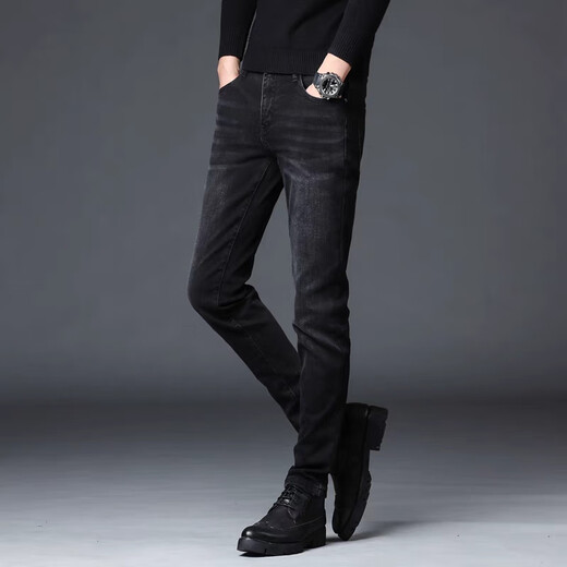 UOSO Autumn e Invierno Nuevos jeans de terciopelo de alta gama y de alta gama Plus de terciopelo para hombres Slim Feet pantalones estiramientos informales 1049 gris 28