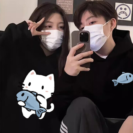 MDlila <Two-piece> Couple's Sweatshirt Autumn and Winter Suit Red One Man and One Woman Loose Hooded Jacket Fish-Eating Cat Male Black + Female Black (Spring and Autumn Style) XL Male + Female M