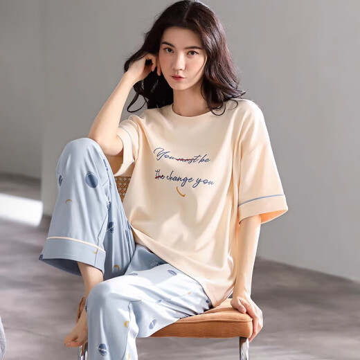 莫代尔睡衣女2025年新款夏季棉短袖长裤家居服薄款大码女士家居服套装 7374 XL 【建议120-140斤】