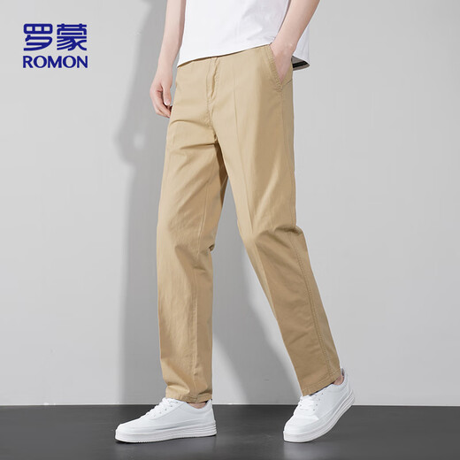 罗蒙（ROMON）休闲裤男纯棉夏季裤子男士休闲直筒男裤商务男装ZH302卡其色32