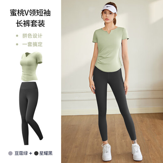 LULULMCCTN yoga suit for women summer new quick-drying breathable running fitness Pilates professional training sports suit for women short-sleeved gray lake blue + yoga pants star black 2XL