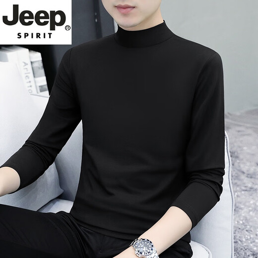 JEEP SPIRIT pure cotton autumn and winter half-high collar bottoming shirt men's slim inner wear long-sleeved T-shirt mid-collar men's autumn coat outer wear YPT192 black half-high collar M recommended 100-115Jin Jin equals 0.5 kg