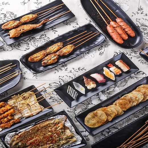 密胺烧烤盘子商用创意烧烤店特色餐具长方形黑色火锅专用牛肉菜盘 ljp1098 0寸 默认