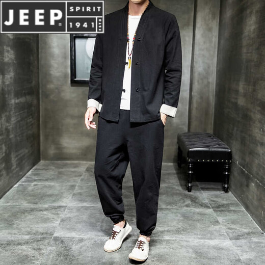 Jeep Spirit Herren Frühling und Herbst neuer chinesischer Stilanzug neuer chinesischer Tang Anzug Casual Button Hanfu Lose Hemd Zwei-teilige Set hellgrau 4xl