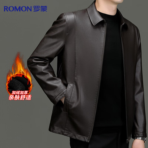 Lomon leather jacket for men in autumn and winter, middle-aged velvet thickened lapel coat, warm leather jacket, middle-aged and elderly men's top