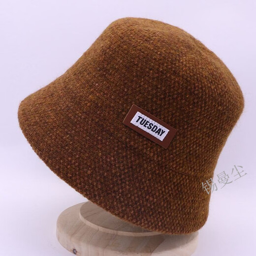 Tin Manchen Hat Women's Autumn and Winter New Fisherman Hat Wool Blended Warm and Coldproof Small Leather Label Casual Knitted Fishbowl Hat Light Khaki One Size