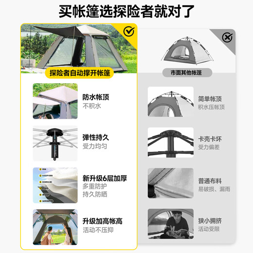 探险者（TAN XIAN ZHE）帐篷户外露营帐篷防雨过夜3人-4人帐篷天幕二合一全自动黑胶帐篷 【3-5人黑胶帐篷】+防潮垫