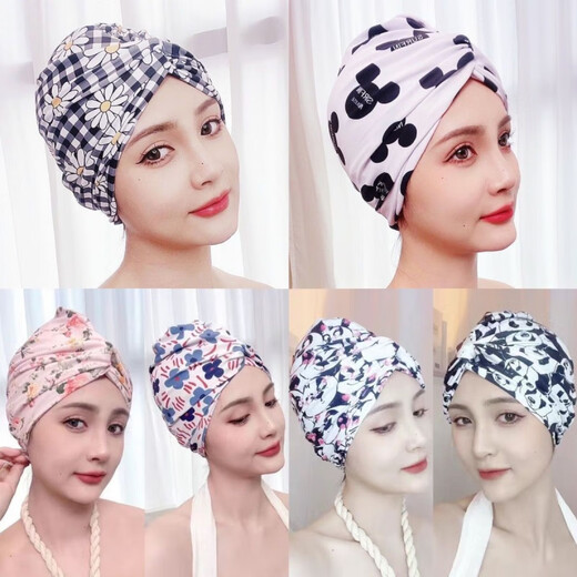 Zailu long and short hair, fashionable and cute ear-protecting fabric swimming cap, good-looking, hot spring swimming cap for women with small face, 2001 black Mickey hat + nose clip earplugs