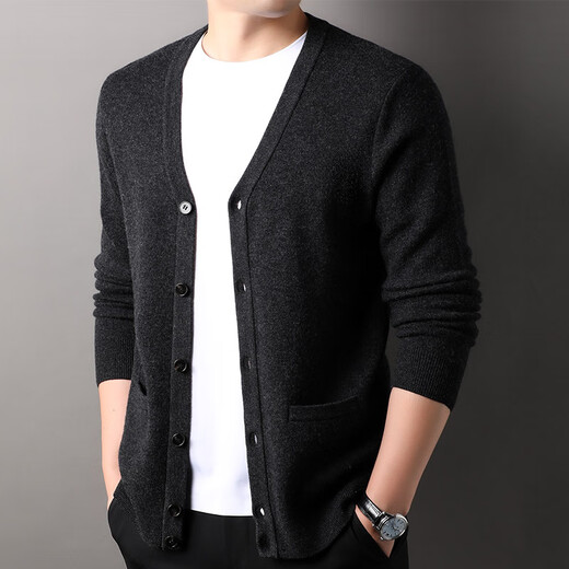 
Hengyuanxiang 100% pure wool cardigan men's V-neck solid color sweater autumn and winter new sweater trendy jacket 1520222 China Coffee M 170/48/105