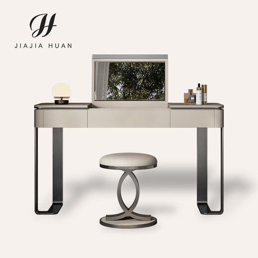 Jia Jia Huan minimalist light luxury dressing table high-end customized Italian style hidden flip with mirror solid wood bedroom dressing table high-end 1 meter dressing table + stool titanium gray stainless steel
