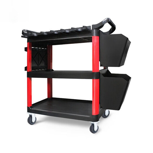 Yutairui car wash shop car beauty tool cart special multi-functional plastic three-layer mobile storage trolley shelf TM-A model (flat plate) with double hanging buckets and hanging plates