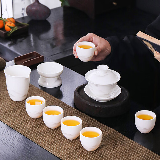 Artisan immortal mutton fat jade glazed white porcelain tea set Dehua ceramics home office Chinese style bowl kung fu tea set complete high-end Yuanshan Fuman set (ink gray) 1 piece