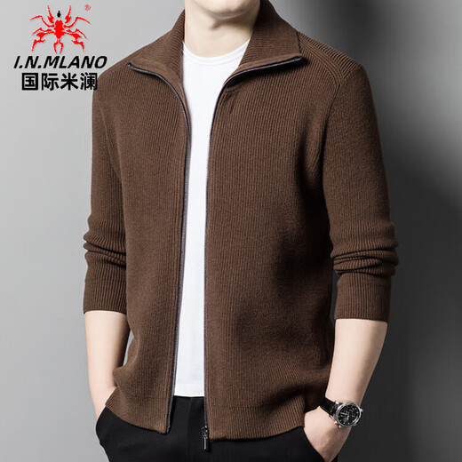 International Milan high-end brand men's 100% pure wool sweater men's autumn and winter zipper lapel knitted cardigan warm jacket sweater dark gray thickened M/105/48 recommended 95-115Jin Jin equals 0.5 kg