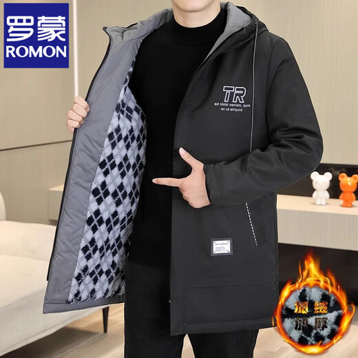 ROMON windbreaker men's mid-length 2025 autumn and winter new velvet coat slim and handsome windbreaker cotton jacket casual trendy brand K70 gray velvet velvet 2XL recommended 145-160Jin Jin is equal to 0.5 kg