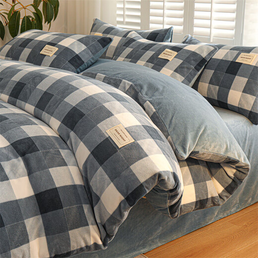 Heilan House (HLA) Juego de cuatro piezas de terciopelo de leche más terciopelo engrosado a cuadros de otoño e invierno juego doble sábana funda de edredón funda de almohada individual doble azul y blanco a cuadros 1,5 sábana ajustable juego de cuatro piezas, funda de edredón 200