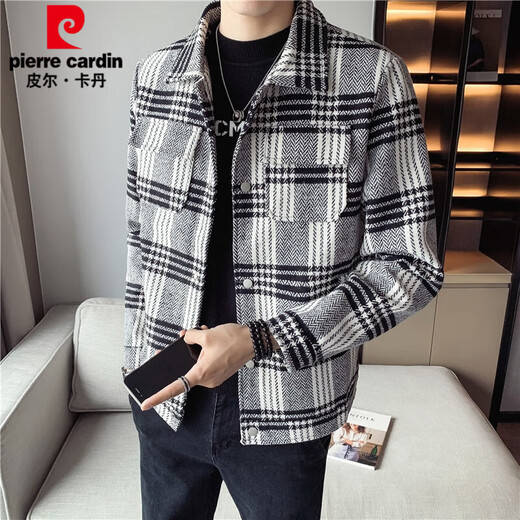 皮尔卡丹（pierre cardin）小香风夹克外套男士秋季2025新款潮流格子翻领加厚毛呢休闲春秋装 719 白 S 70-85斤