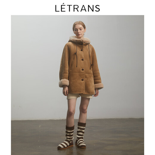 
LETRANS Yuan-Danish Winter Sheep Sheep Coat Women's Hooded Short Imitation Fur Integrated Lamb Fur Brown M