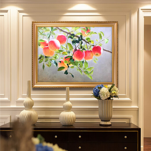 帝旗纯手绘油画苹果吉祥挂画新中式餐厅装饰画卧室床头画饭厅背景墙画 692金框 120X90