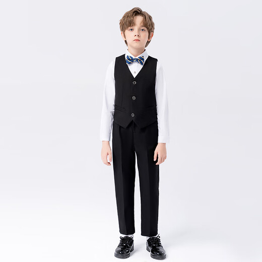 萝卜呗呗（LUOBOBEIBEI）儿童西装男童纯色西服花童中小童礼服套装 黑色五件套 140