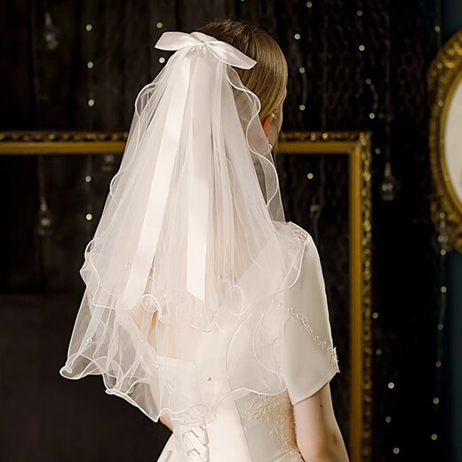 Miao Yijia Veil Proposal and Certificate Bride Wedding Veil Engagement Wedding Headwear and Certificate Photo Props Confession Ceremony Pearl Double-layer Bow Veil Hairpin Style