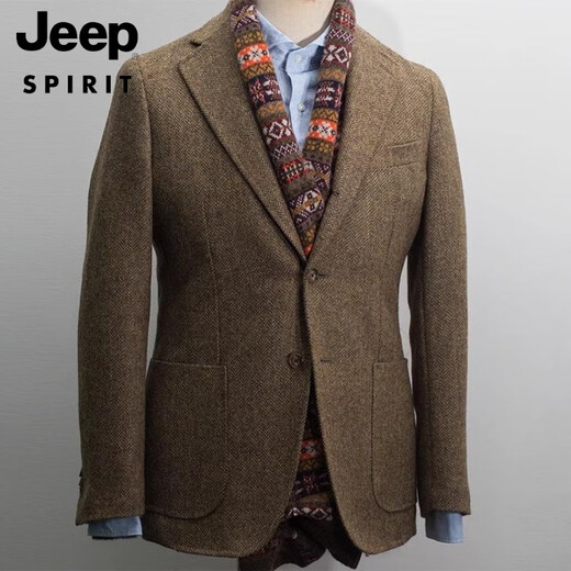 JEEP SPIRITnick大叔wooster西服 秋冬新款复古粗花呢羊毛人字纹外套西装男 灰色 M 65-70公斤