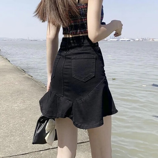 姿伟祺鱼尾裙半身裙女夏季2025新款仿牛仔高腰字休闲短裙 黑色967裙子 S 建议80-94斤