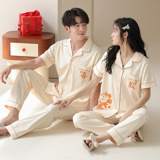 浪莎（LangSha）睡衣情侣装夏季纯棉7A抗菌短袖长裤家居服一男一女夏天可外穿套装 6221情侣装 女M+男L